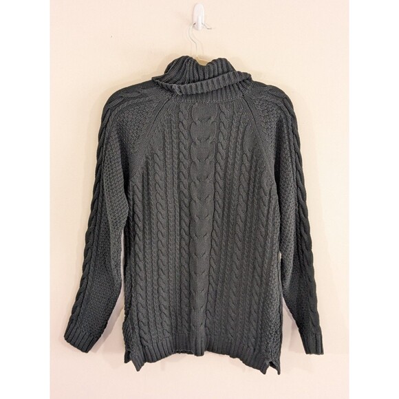 Vintage Black Sweater Womens L Cable Knit Fishermans Pullover Turtleneck Cotton - Picture 10 of 10